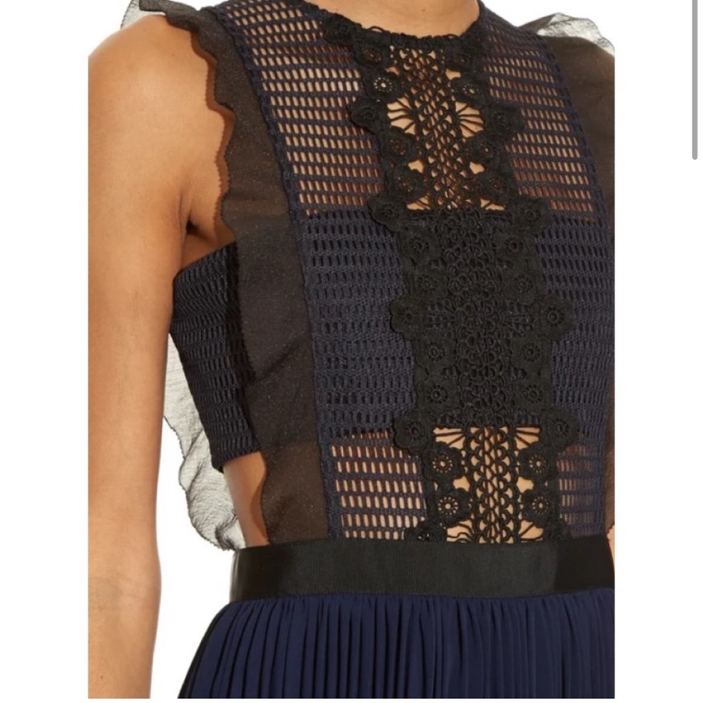 Self-Portrait Sleeveless Pleated Lace Dress in Navy Blue UK SIZE 4/ US SIZE 0